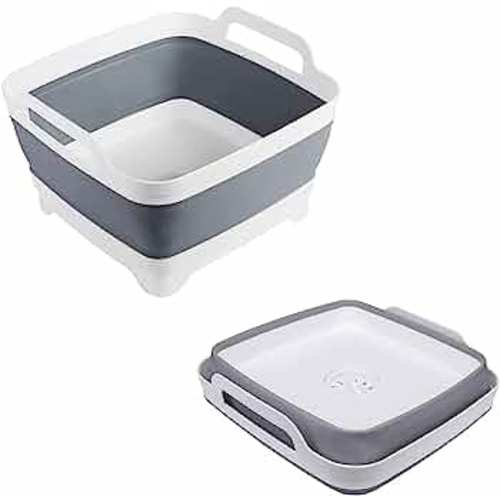 Dishpan For Washing Dishes,9L Collapsible Dish Tub Portable Sink,Wash Dish Basin,Foldable Laundry Tub,Washing Basin with Drain Plug,Dishpan for Kitchen Sink,Camping Dish Washing Tub,Gray