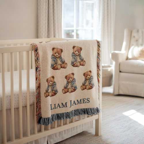 Custom Name Teddy Bear Blanket, Personalized Baby Blanket Boy, Bear Baby Blanket, Baby Shower Gift, Newborn Nursery Decor, Heirloom Blanket