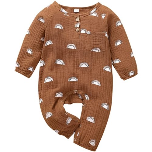 Newborn Infant Baby Boy Cotton Linen Button Sun Print Romper Bodysuit One Piece Jumpsuit Playsuits Outfits - Linen Brown - 6-12 Months