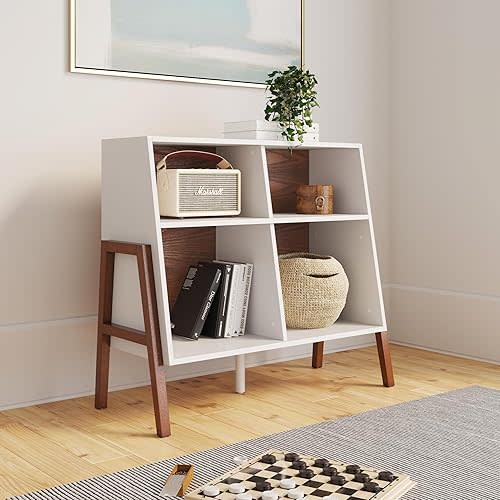 Nathan James 71001 Telos 4-Cube Storage Organizer, White Storage Open Cubby Shelf with Angled Design, Brown/Glossy White
