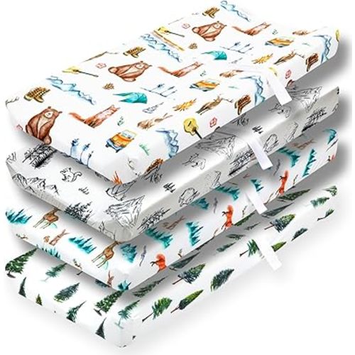 4 Pack Changing Pad Covers Woodland Forest Animals Wood Neutral Unisex Fitted Baby Changing Pad Cover Set for Baby Boys or Girls