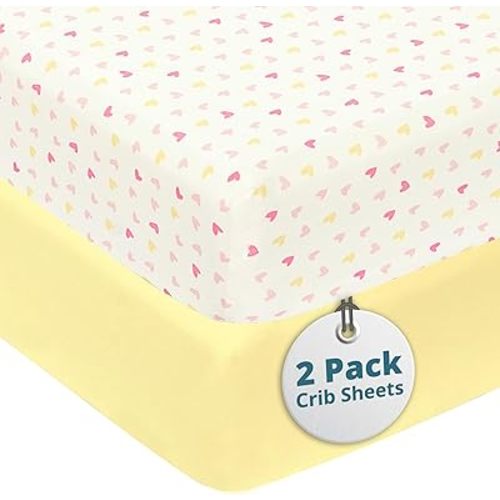 Baby Sheets for Crib - Super Soft & Breathable Toddler Sheets, Portable Crib Sheets for Boys & Girls, 4 Way Stretch Knitted Fitted Crib Sheet, Baby Bedding, 2 Pack - Heart & Vanilla