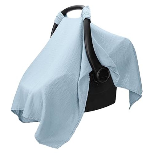 Comfy Cubs Baby Car Seat Cover - Soft, Breathable Bamboo Rayon and Muslin Cotton Blend - Lightweight Canopy for Sun, Bug, and Comfort Protection - Large Size Infant Seat Cover in Pacific Blue Design