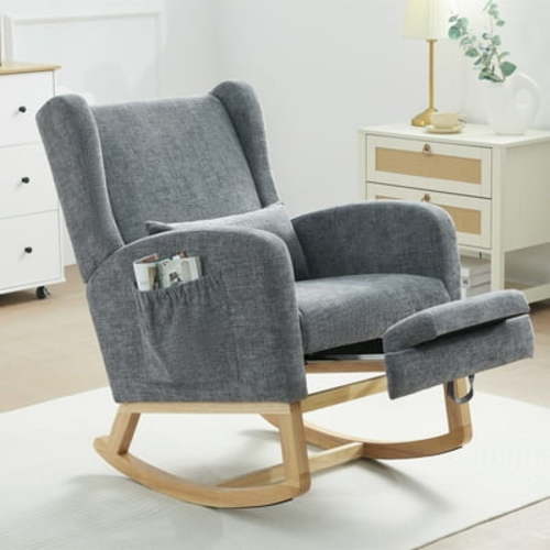 JUSTLET Rocking Chair with Footrest Nursery, Modern Chenille Rocker Armchair with High Backrest and Pillow for Bedroom Baby Room, Gray