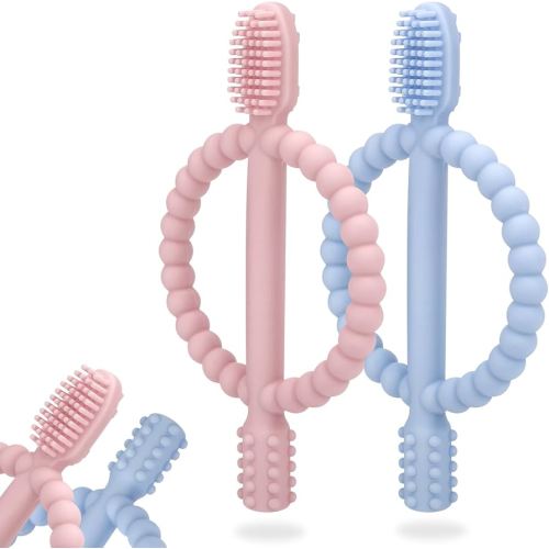 Baby Teething Toys with Easy-Hold Handle, Silicone Infant Toothbrush, Textured On Both Sides Helps Massage, Soothe Sore Gums, Teething Toys for Babies 0-6 Months, 6-12 Months