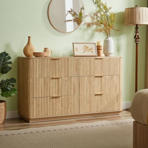 SKRAN 6 Drawer Dresser with Metal Handle, 55" Double Wood Drawer Organizer, Modern Chest of Drawers, for Bedroom, Living Room, Hallway
