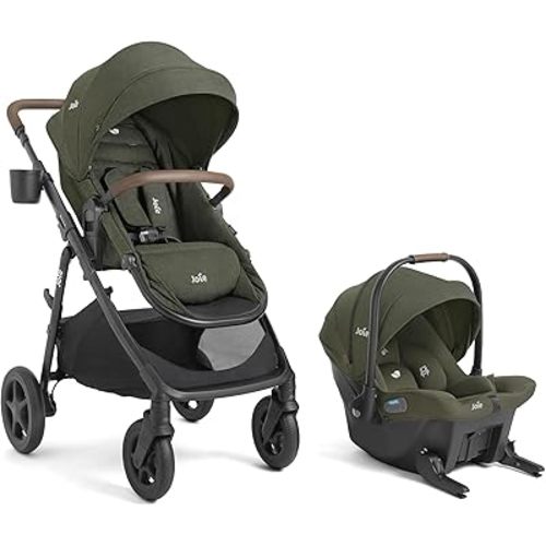 Joie Ginger and Mint Latch Travel System – 4-in-1 Travel System with Base-Free Infant Car Seat & Stroller, Built-in Latch for Easy Install and an Included All-Terrain Stroller (Forest)