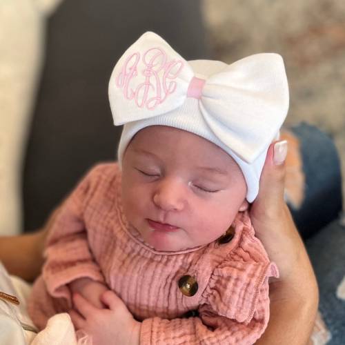 Monogrammed Newborn Girl Hospital Hat: Embroidered Bow, Double Ply