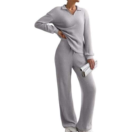 EVALESS Womens Pajama Sets Long Sleeve Sleepwear Matching Drawstring Elastic Pj Pants Ribbed Knit 2 Piece Lounge Set