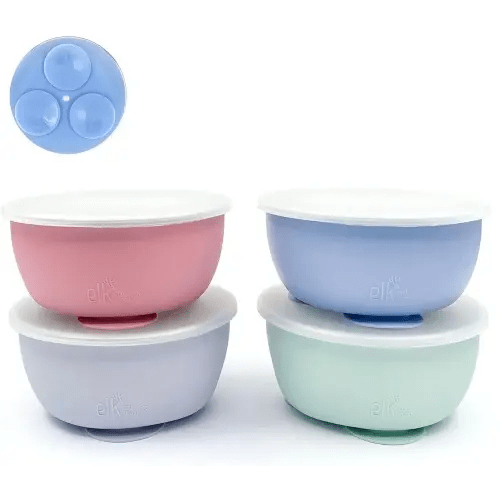 Elk and Friends Stainless Steel Bowls with Silicone Sleeve for Babies & Toddlers | Lids Included | Stay Put Suction | Cereal & Snack Bowls | 4 Pack