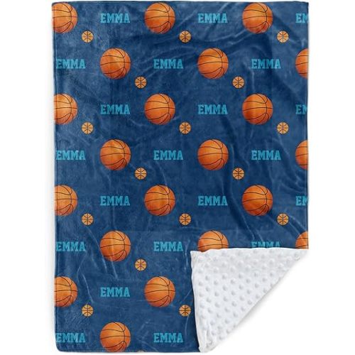 Custom Basketball Blanket - Personalized Name with Basketball Patterns - Soft Plush Flannel Blanket with Double Layer Dotted Backing for Baby Toddler Kids Teen Boys Girls Gifts Blue