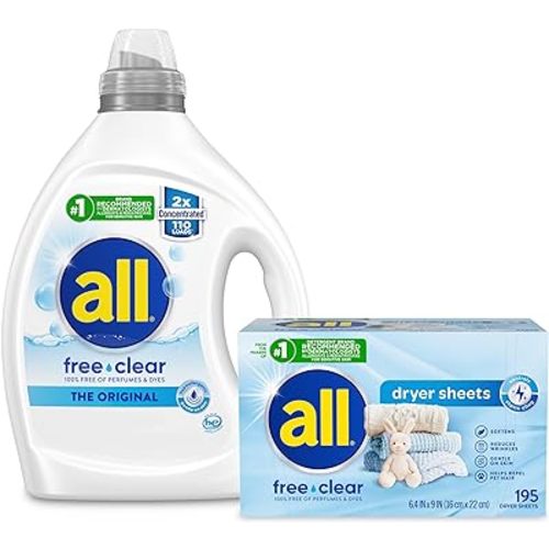 Bundle of all Liquid Laundry Detergent, Free Clear for Sensitive Skin, Unscented and Hypoallergenic, 2X Concentrated, 110 Loads + all Fabric Softener Dryer Sheets for Sensitive Skin, Free Clear, 195ct