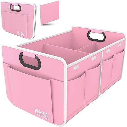 Homeve Car Trunk Organizer, Car Storage, Reinforced Handles, Collapsible Multi-Compartment Car Organizers (Pink, 2 Compart)