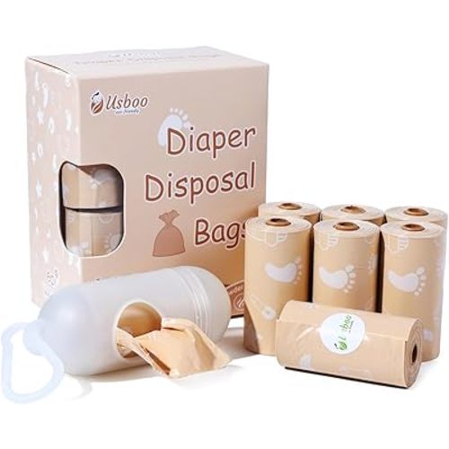 Diaper Bags Disposable for Baby, Biodegradeable Dirty Diaper Bags (8 Refill Rolls/120 Bags) with Dispenser | Leak Proof Diaper Trash Bags | Baby Poop Bags | Fresh Powder Scent