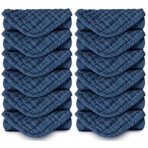 Spotted Play Muslin Burp Cloths 100% Cotton Large 20''x10'' Extra Soft and Absorbent Baby Wash Cloths Spit Up Rags - Baby Burping Cloth for Boys Girls Items(12 Pack Navy Blue)
