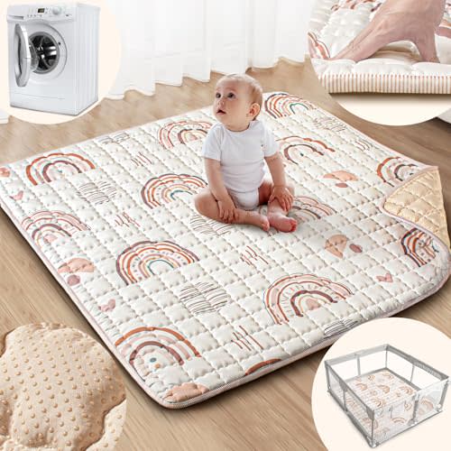 Beavtaens Baby Play Mat: 50x50 Playpen Mat with Super Soft Touch Activity Mat with Anti-Slip Bottom Machine Washable Nursery Rug for Floor & Playard (Boho Rainbow)