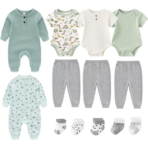 Ruliby Ribbed Baby Bodysuits and Zip Romper Cotton Pants Clothes Sets 0-12 Months
