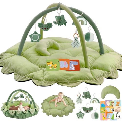 5-in-1 Plush Baby Play Gym, Baby Play Mats, Convertible Baby Gym with Pillow, Tummy time mat, 6 Sensory Toys, Baby Activity Center from Newborn to Toddler, Pet Bed, Cat & Dog Bed, Ball Pit, Green