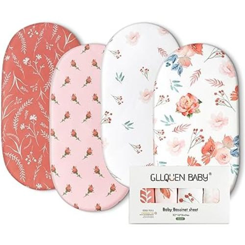 Gllquen Baby Bassinet Sheets 4 Pack, Breathable Cozy Fitted Mattress Sheet, Elastic Travel Crib Fashionable Floral Pattern, Standard Cradle Safe Sheets for Baby Boy Girls 32"X16" (Flower)