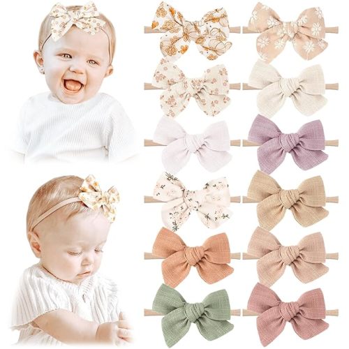 Niceye Baby Girl Bows and Headbands, 12 Packs of Stretchy Nylon Hairbands Hair Bows for Newborns, Infants, Toddlers - Handmade Baby Hair Accessories for Girls - Purple