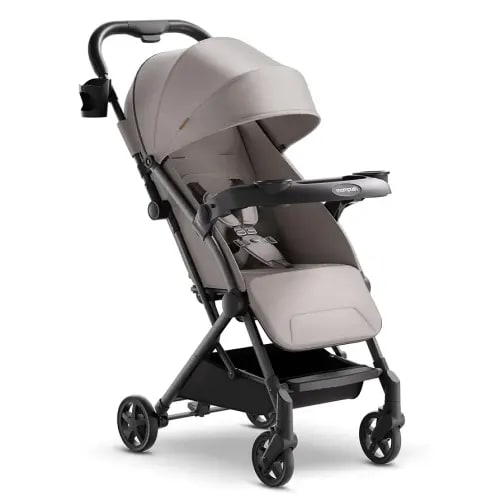 Mompush Lithe V2 Lightweight Stroller with Snack Tray, Ultra-Compact Fold & Airplane Ready Travel Stroller, Near Flat Recline Seat, Cup Holder, Raincover & Travelbag Included