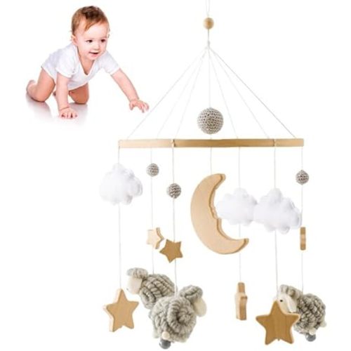 Baby Crib Mobile for Boys Girls | Boho Nursery Mobile | Felt Ball Bed Bell Mobile Crib | Ceiling Mobile - Stars, Clouds, Moon | Pendant Toy Wooden Wind Chime Nursery Decoration (Gray)
