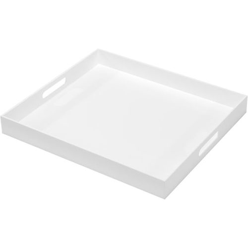Large Glossy White Acrylic Serving Tray (18×16 Inches) Without Handles Spill Proof Acrylic Decorative Tray Organiser for Ottoman Coffee Table Countertop