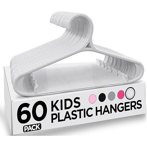 Utopia Home Kids Hangers 60 Pack - 11 Inch Plastic Baby Hangers for Closet - Childrens Hanger for Clothes & Infant Hanger for Closet - Non-Slip Shoulder Grooves, Strap Hooks & Pants Bar (White)