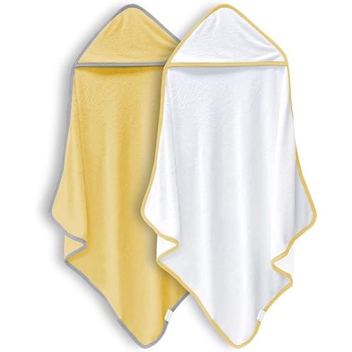 2 Pack Baby Bath Towel - Rayon Made from Bamboo, Ultra Absorbent - Ultra Soft Hooded Towels for Kids - X Large Size for 0-7 Yrs (White and Yellow, 37.5 x 37.5 Inch)