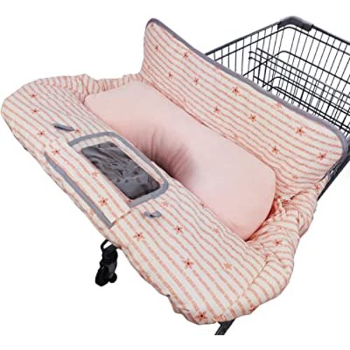 Shopping Cart Cover for Baby/Toddler with Pillow, 2-in-1 Cotton High Chair Cover, Sturdy Stay, Easy Attach & Remove, fit Cellphone Holder & Toy Loops, Perfect for Girl (Pink Strip Star)