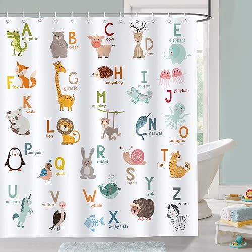 Bonhause Kids ABC Shower Curtain, Cute Alphabet Animal Educational Bathroom Decor for Toddler Boys Girls 72 x 72 Inch Polyester Fabric Waterproof Bath Curtain with 12 Hooks