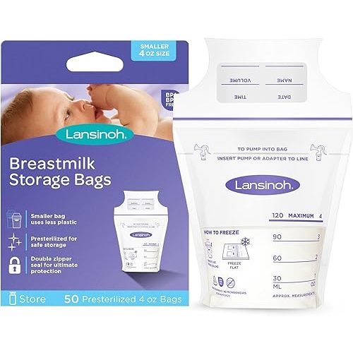 Lansinoh Breastmilk Storage Bags, 50 Count, Baby Essentials, Fast Freeze & Thaw Breast Milk Bags for Baby Bottle Feeding, Superior Strength & Stretch, 4 Ounce