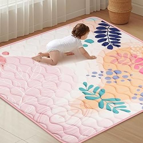Baby Play Mat for Floor 50'' x 50'', Thicken Soft Padding Playmats for Playpen, Non Slip Baby Crawling Mat Foldable, Easy Care Machine Washable, Pink