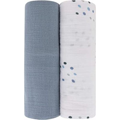 Ely's & Co. Cotton Muslin Swaddle Blanket 2-Pack for Baby Boy — 100% Cotton Muslin Extra-Large Swaddle Blankets (47” x 47”) Blue Raindrops | Solid Blue