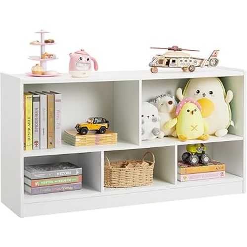 Kids Toy Storage Organizer, 5-Section Storage Cabinet for Organizing Books Toys, Wooden Bookshelf Daycare Furniture for School, Classroom Playroom, Nursery, Kindergarten (White)