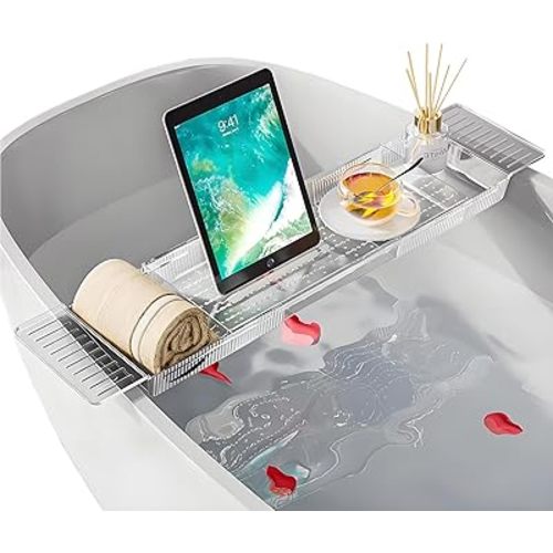 Bathtub Caddy Tray Adjustable Spa Slip-Resistant Bath Organizer Clear Sturdy Acrylic Expandable Tray with Scratchproof Mat Fits Most Tubs for Storage & Stylish Relaxation (Clear)