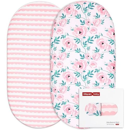 Gllquen Baby Bassinet Sheets Set 2-Pack, Breathable Cozy Bassinet Fitted Sheet Universal Fit Standard Mattress Oval Rectangle Cradle Baby Sheets for Baby Boy Girls Unisex 32"x16" (Pink Flower)