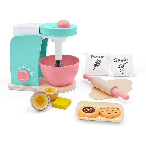 Wooden Toy Bake-Cookie Mixer Set(14 pcs)- play kitchen accessories Interactive Early Learning Toy, Exclusive Egg, Rolling Pin and Cookie Set - Fun and Colorful for Girls and Boys