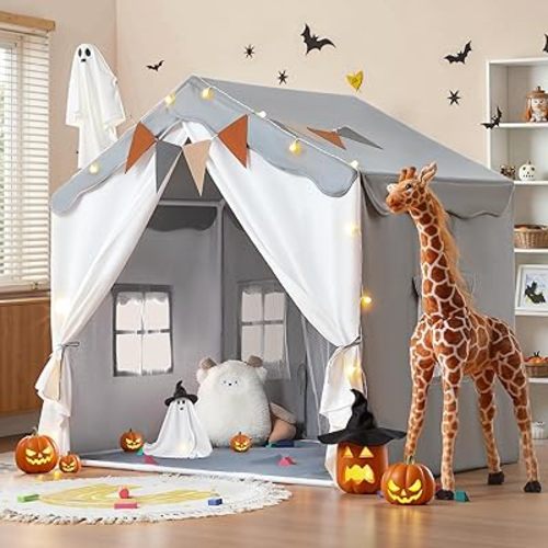 Besrey 2-in-1 Kids Playhouse with Padded Mat and Lights, Large Play Tent with 2 Doors & 4 Windows, Indoor & Outdoor, Toddler Tent, 51" x 35" x 51" (Gray)