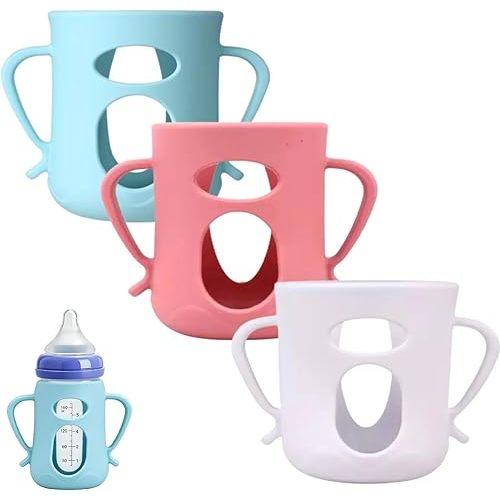 3Pack Silicone Sleeves Compatible with Lansinoh Glass Bottles for 5oz, Anti Breakage Glass Bottle Holder with Handles, Silicone Bottle Holder for Easy Grip, Quick Install, Easy to Clean