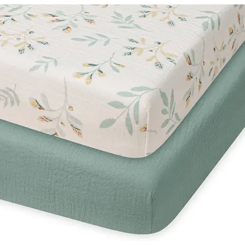 Blissful Diary Muslin Mini Crib Sheets, Pack and Play Mattress Sheets Fitted for Pack N Play, Soft Cotton for Boys Girls, 2 Pack(Roman Green&Leaf)