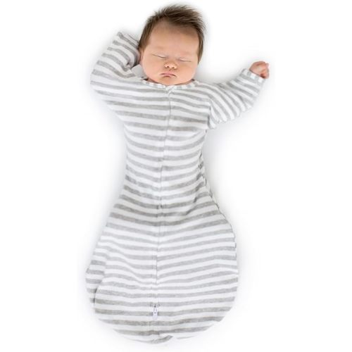 SwaddleDesigns Transitional Swaddle Sack with Arms Up Half-Length Sleeves and Mitten Cuffs, Small, 0-3 Months, 6-14 lbs, Heathered Gray Stripes (Arms Up Swaddle, Transition Swaddle Sleep Sack)