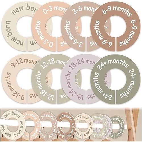 fernfern Baby Closet Dividers for Clothes, 8 Pcs Earth Tone Round Clothes Dividers for Closet Rod, Nursery Hanger Organizer & Decor, Clear Labels for Easy Sorting from Newborn to 24+ Months