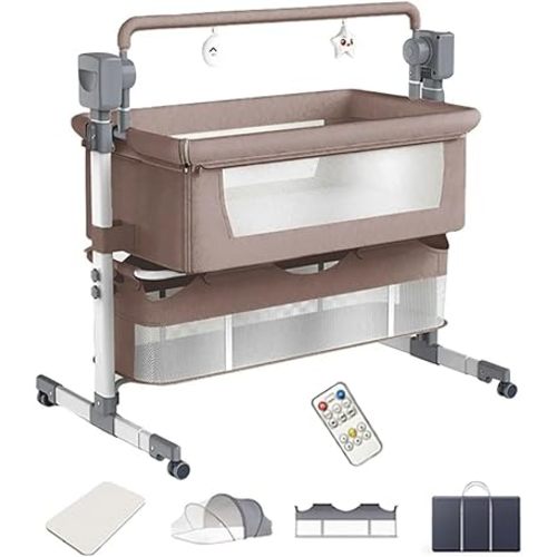 Baby Bassinet Bedside Sleeper,Adjustable Height, Breathable Mesh, Safe & Stable Design, Wheels & Storage Basket(Khaki)