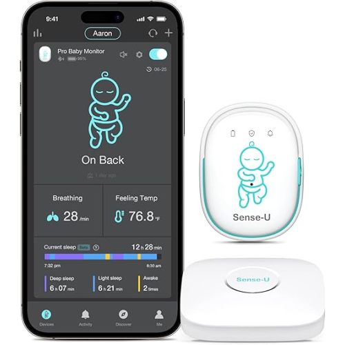 Sense-U Pro Baby Monitor(Long Range) – Tracks Breathing Movement, Rollover & Temperature Anywhere for Better Sleep, Simple Clip-On Smart Tracker with Arousal Vibration, Audible Alerts & Sleep Analysis