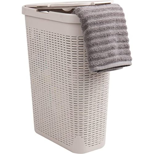Mind Reader Slim Laundry Hamper with Lid, 40L Clothes Basket, Premium Wicker Design, Plastic, Ivory