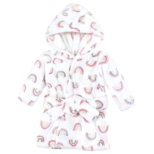 Hudson Baby Infant Girl Plush Animal Face Bathrobe, Modern Rainbow, 0-9 Months