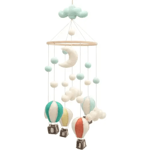 GLACIART ONE Baby Nursery Hot Air Balloon Mobile for Crib | Gender Neutral Felt Mobile for Nursery Decor | Felt Hanging Clouds & Felt Balls Room Decorations Handmade from Natural Wool |Great Gift Idea
