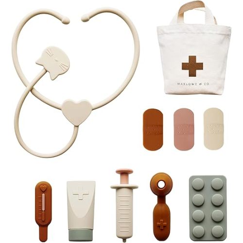 Marlowe & Co Silicone Pretend Play Doctor Kit for Children, 10 Piece Pretend Play Doctor and Vet Kit with Storage Bag