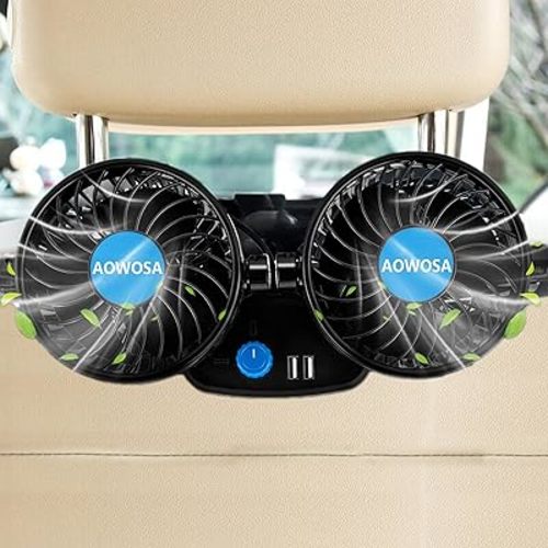 Car Fans 12V Electric Cooling Rear Seat Headrest Vehicle Fan with Cigarette Lighter Plug 2 Speed, 360 Degree Adjustable Dual Head Automobile Fan for Truck Van SUV RV Boat Auto